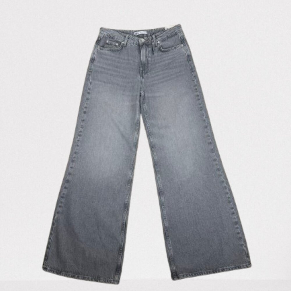 ZARA NEW Wide Leg High Rise Long length Rigid Jeans Sz 38/US 6 Light Grey